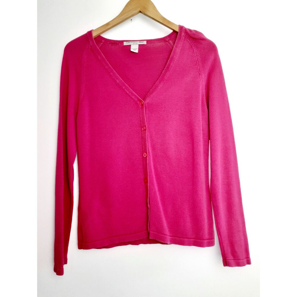 Chestnut Hill 100% Cotton Knit Womens VNeck Button Pink Cardigan S